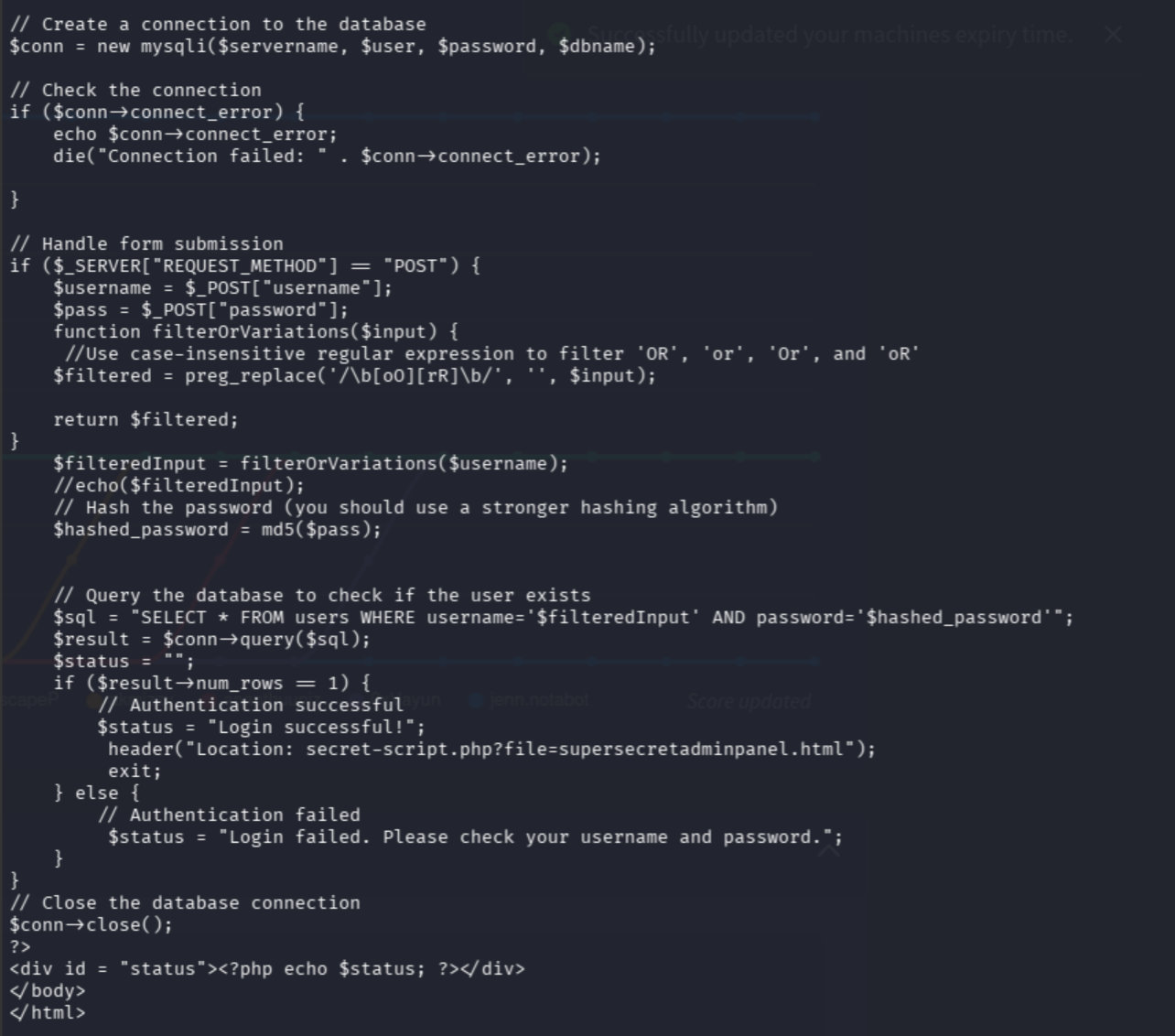 Login source showing the SQL query and redirect behavior